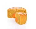 Mooncake with one cut up to show egg yolk for the white background. Royalty Free Stock Photo