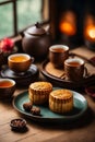 Mooncake on table with tea cups on wooden background and full moon, Mid-Autumn Festival concept