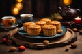 Mooncake on table with tea cups on wooden background and full moon, Mid-Autumn Festival concept