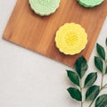 Mooncake and tea, Chinese mid autumn festival food. Angle view from above Royalty Free Stock Photo