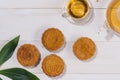 Mooncake and tea, Chinese mid autumn festival food. Angle view f Royalty Free Stock Photo