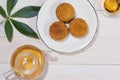 Mooncake and tea, Chinese mid autumn festival food. Angle view f Royalty Free Stock Photo