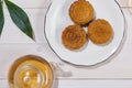 Mooncake and tea, Chinese mid autumn festival food. Angle view f Royalty Free Stock Photo