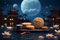 Mooncakes on the background of the full moon, Mid-Autumn Day in China 1