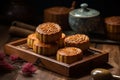 Mooncakes on the wooden background. Generative ai