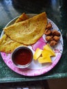 Moong daal chilka with pakodey and mangoes Royalty Free Stock Photo