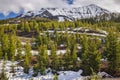 Moonlight Basin ski resort Montana set amongst pine trees and snow capped mountains Royalty Free Stock Photo