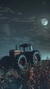 Moonlight casts long shadows over an old rusted tractor abandoned in a field of withered crops Royalty Free Stock Photo