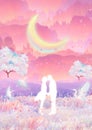 In the moonlight, cherry blossoms couples kiss and hug Royalty Free Stock Photo