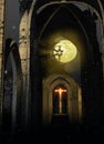 Ruined cathedral entrance under the moonlight Royalty Free Stock Photo