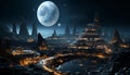 The moonlight illuminates the dark cityscape, a famous architectural mystery generated by AI