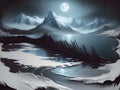 Moonlight Lake with Swans, oil-paint effect, Generative AI Illustration