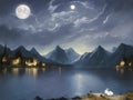 Moonlight Lake with Swans, oil-paint effect, Generative AI Illustration