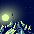 Moonlight, the moon. Rocky emerald mountains. Night landscape. Flickering stars. Eagles in flight. Tourism and wild nature. Vector