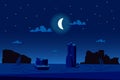 Moonlight night at desert landscape background in flat cartoon style