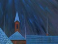 Moonlight night over the village. Oil painting. Royalty Free Stock Photo