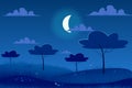 Moonlight night at spring meadow landscape background