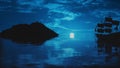 Moonlight Over Horizon Sea at Night while Sailboat goes to Deserted Island beautiful Bluish colors Peaceful Landmark Ocean Water S