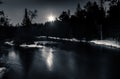 Moonlight Reflection over Winter River Snow on Banks