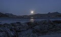 A moonlight scene from Lille Sandnes in Flakstad island, Lofoten archipelago