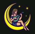 Moonlight serenade cute girl playing lullaby on guitar sitting on the moon vector illustration