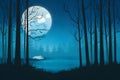 Moonlight shines over tranquil forest silhouette in serene night scene