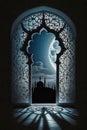 Moonlight shines through window into islamic mosque. Created with generative artificial intelligence technology.