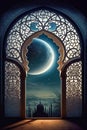 Moonlight shines through window into islamic mosque. Created with generative artificial intelligence technology.