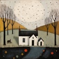 Whimsical Black And White Painting Of A House Under The Full Moon