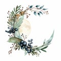 Moonlight Wreath With Wildflowers And Berries - Vector Watercolor Clipart Royalty Free Stock Photo