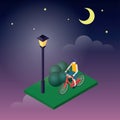 Moonligt night in park. Male cyclist riding on a bicycle. Flat 3d isometric vector illustration Royalty Free Stock Photo