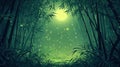 Enchanted Bamboo Forest at Night with Moon and Fireflies Royalty Free Stock Photo