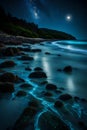 A moonlit beach with bioluminescent plankton washing ashore,