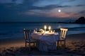 moonlit beach dinner features a table set with crisp white linens, silverware, and crystal-clear glasses. AI Generated Royalty Free Stock Photo