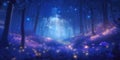 Moonlit blue forest filled with mystical lights, landscape panorama with dreamlike fantasy atmosphere. Generative AI illustration