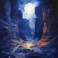 Moonlit Canyon A Thomas Wrede-inspired Archaeological Object With Grandiose Ruins Royalty Free Stock Photo