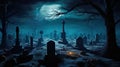 Moonlit Cemetery on a Field A Haunting Halloween Background on October 31. created with Generative AI