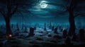 Moonlit Cemetery on a Field A Haunting Halloween Background on October 31. created with Generative AI