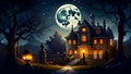 A moonlit cemetery with a gloomy mansion in the background. A Halloween pumpkin lantern stands next to the mansion, lighting the Royalty Free Stock Photo