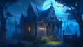 A moonlit cemetery, a glowing Halloween pumpkin lamp with carved eyes, nose and mouth, and black cats roaming the graves