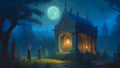 A moonlit cemetery, a glowing Halloween pumpkin lamp with carved eyes, nose and mouth, and black cats roaming the graves