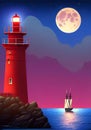 Moonlit Coastal Nighttime Scene with Majestic Lighthouse Beaming Light on the Ocean Waves - Illustration