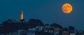 Moonlit Coit Tower at Dusk. Concept San Francisco, Landmark, Coit Tower, Twilight, Cityscape