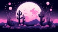 Moonlit desert with cacti silhouettes retro wave style illustration evoking nostalgia