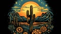 Moonlit desert with cacti silhouettes retro wave style illustration with nostalgic motifs