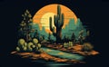 Moonlit desert cacti silhouettes in retro wave style illustration with nostalgic motifs