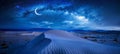 Moonlit desert oasis with crescent moon, stars, sandy hues a mystical scene inspired by rama.