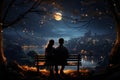 Moonlit embrace, Couple on bench, falling star, rear view illustrated nights romantic tale