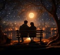 Moonlit embrace, Couple on bench, falling star, rear view illustrated nights romantic tale