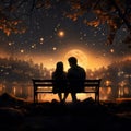 Moonlit embrace, Couple on bench, falling star, rear view illustrated nights romantic tale